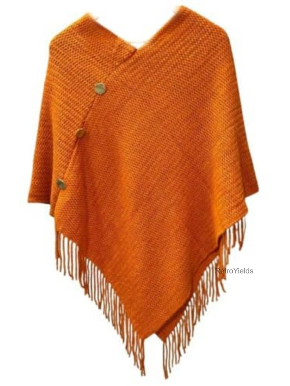 Faux Cashmere Knitted Poncho Sweater V-Neck Button Cape with Tassels